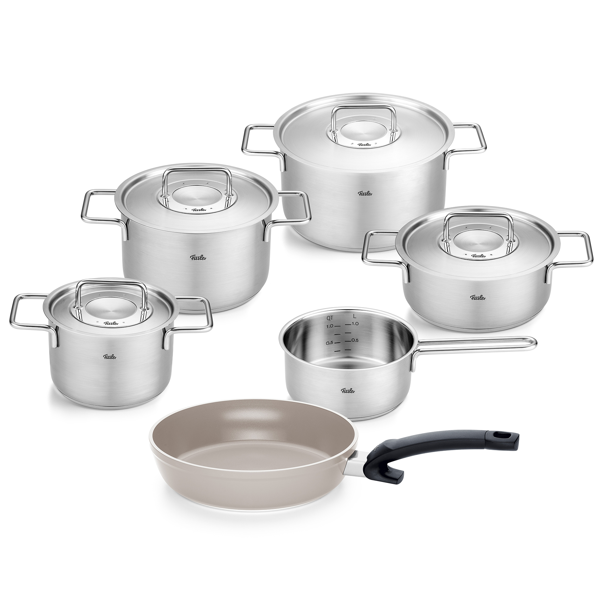 fissler pure collection pannenset met steelpan ceratal koekenpan en rvs deksels 6 delig