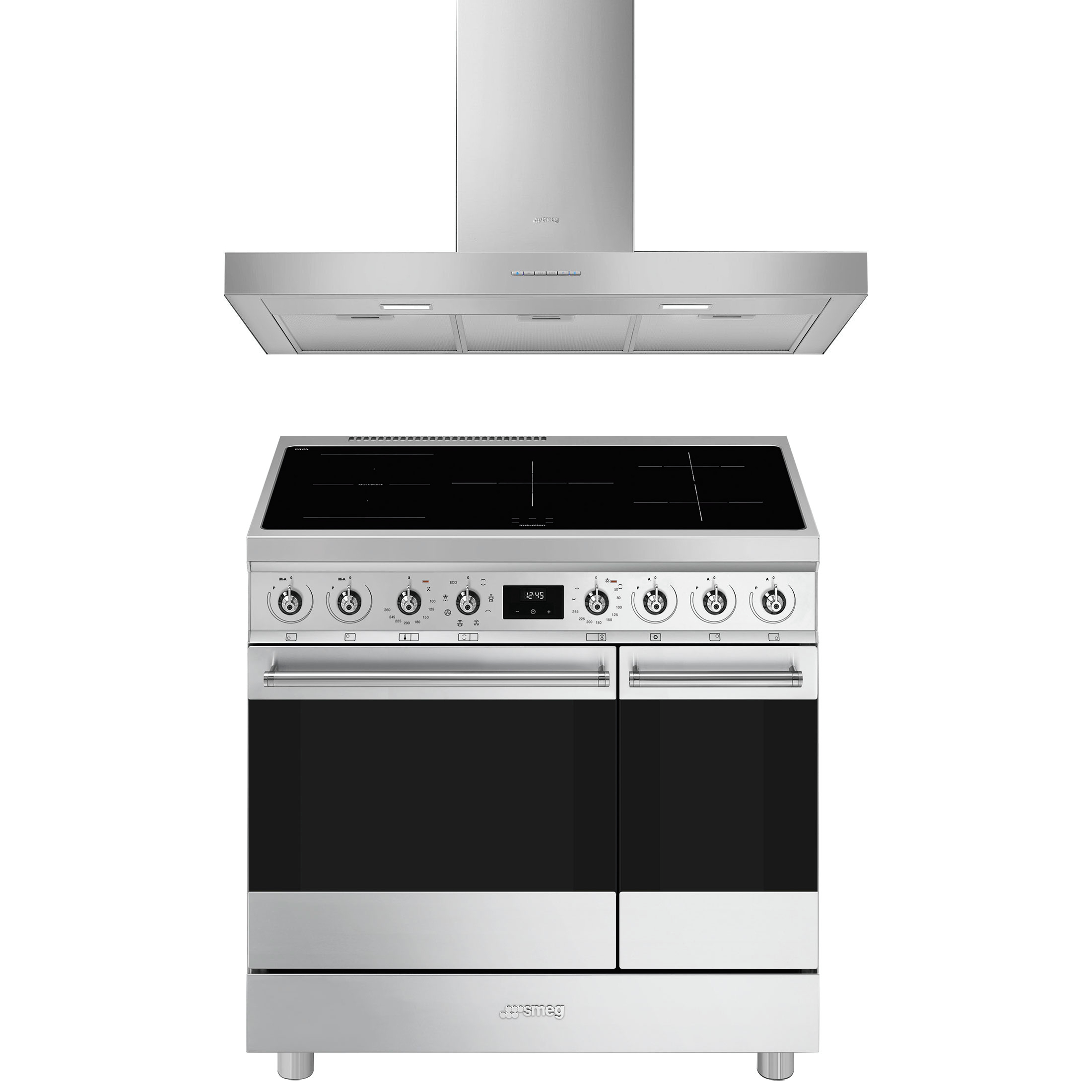 smeg classici sinfonia inductiefornuis c92imx2 met kbt900xe afzuigkap 90cm rvs