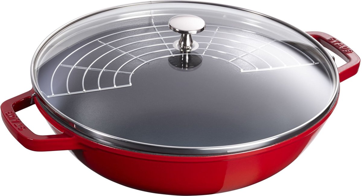 staub wok met glasdeksel 30cm rood