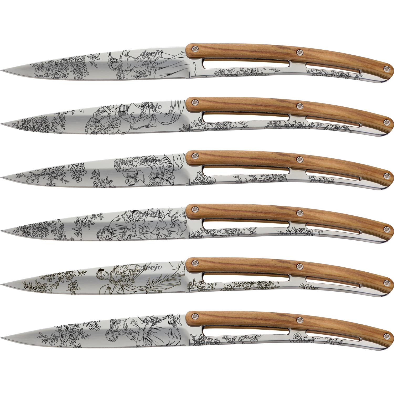 deejo-table-mirror-finish-toile-du-jouy-steakmessenset-6-delig-olijfhout