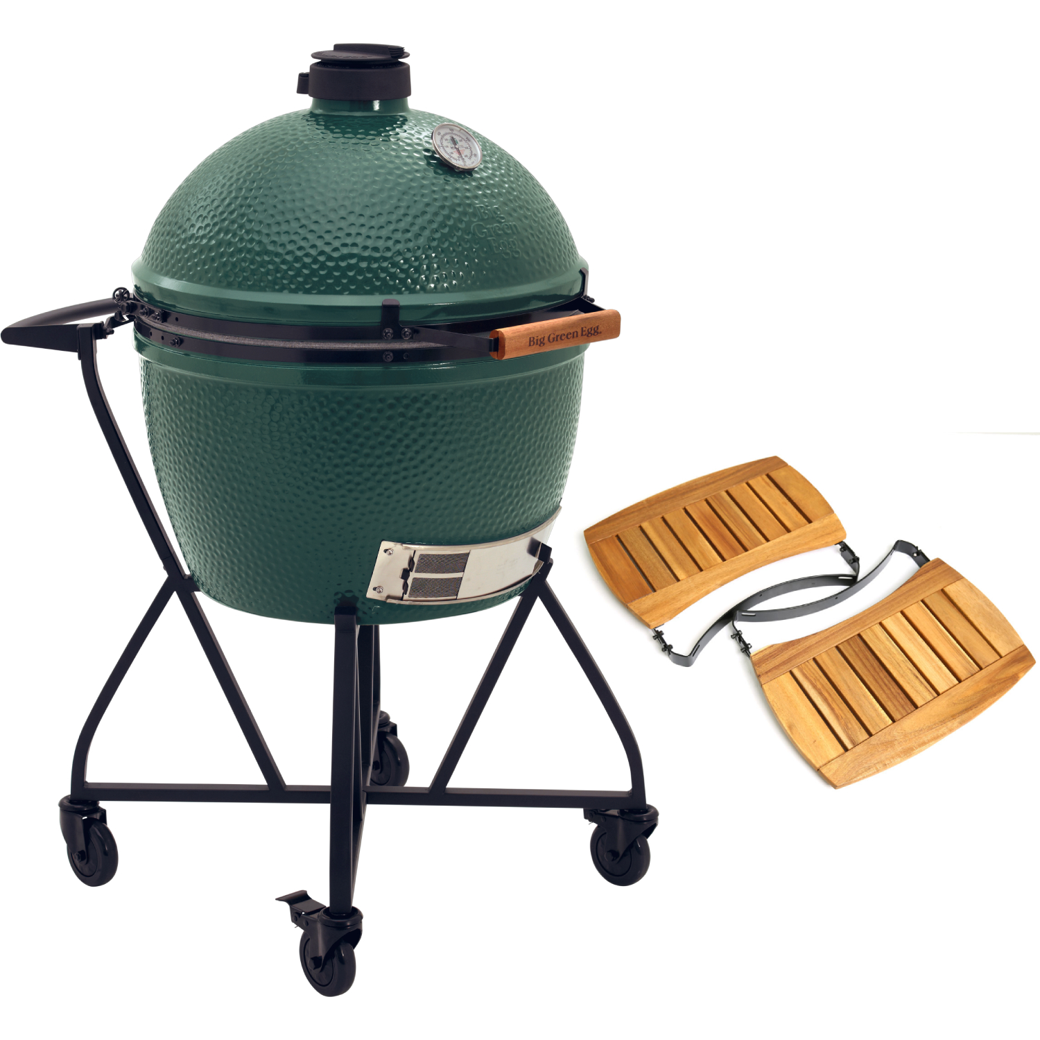 big green egg xlarge houtskoolbarbecue met integgrated nest handler en acacia egg mates