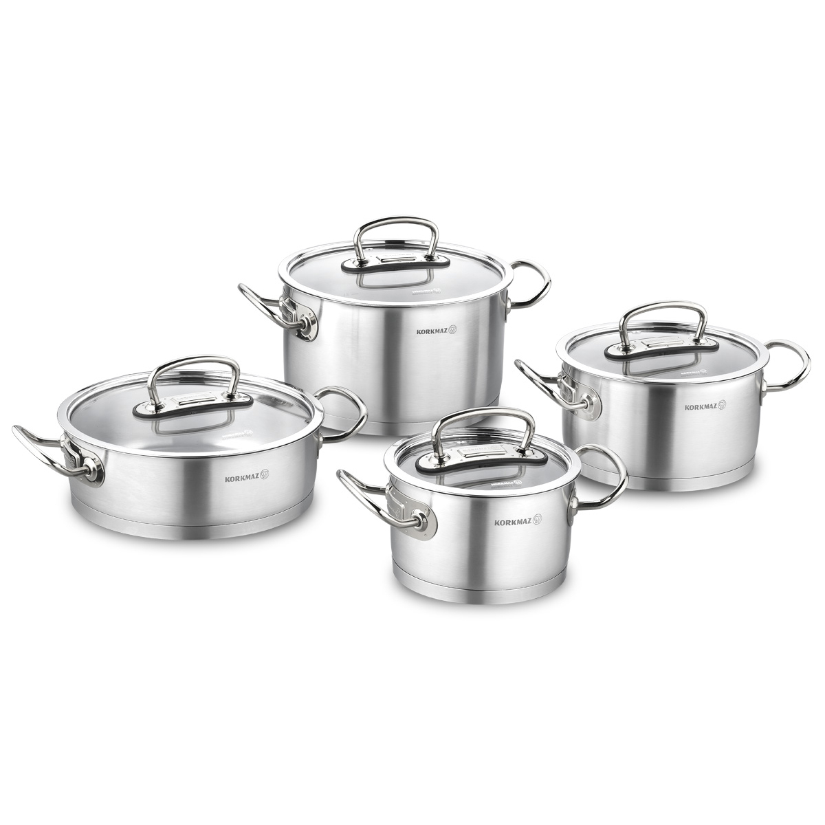 Korkmaz Proline Pannenset met Glasdeksels, 4 delig RVS