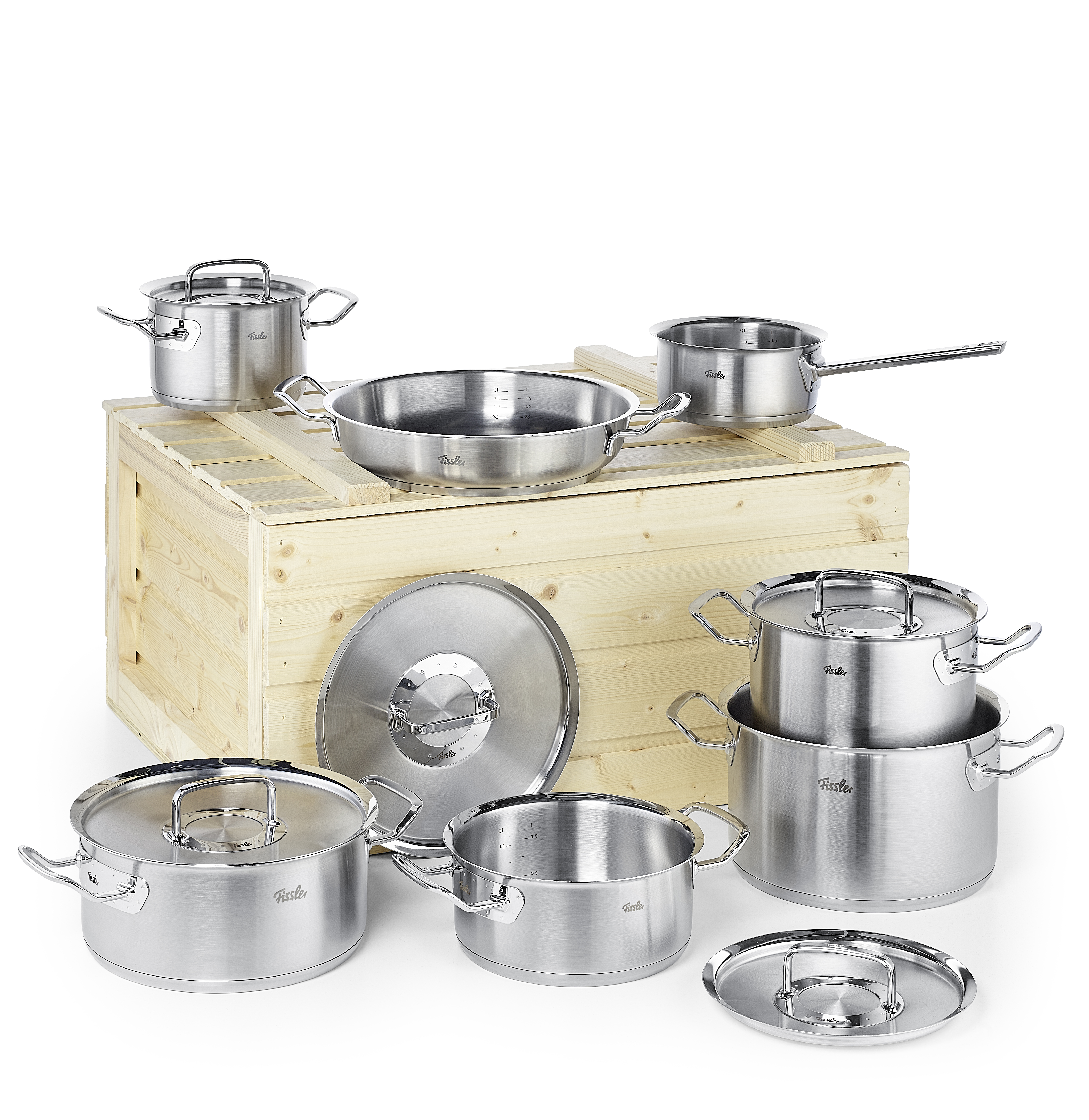 fissler original profi collection pannenset met crispy hapjespan steelpan rvs deksels en houten