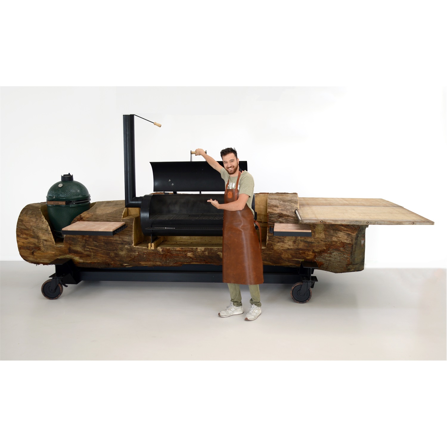 kookpunt bbq meubel met onderstel joes smoker en big green egg large frans eikenhout